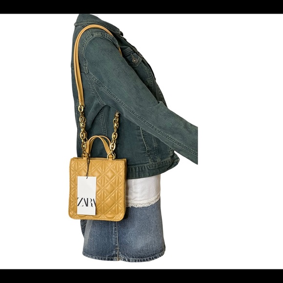 Zara Womens Shoulder Bag Quilt Mustard Yellow Mini Tote Crossbody Bag Purse New - Picture 11 of 15
